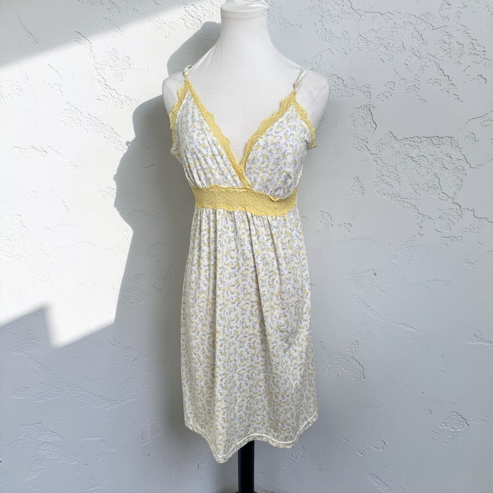 La Vie en Rose Yellow Floral Lace Trim Babydoll Slip Dress Cottagecore M